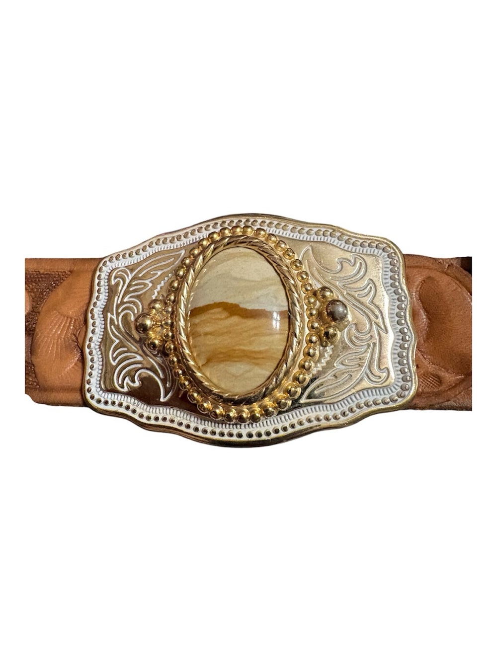 Tan Leather Western  Belt with Decorative Gold Plated German Silver Agate Buckle